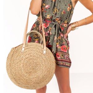 Straw circle tote with top handle and crossbody